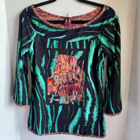 Save the Queen Cowboy 80s Top Womens Large Green Black Boat Neck Stretch - Picture 1 of 9